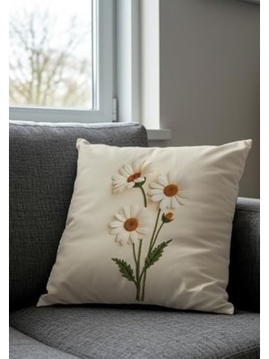 DMR Home Nakış Desen Dijital Baskılı Dekoratif Papatya Desenli Kadife Kırlent Kılıfı, 2'li Set, Krem Zemin, Dijital Baskılı