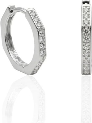 Oya Silver Ince Köşeli Zirkon Taşlı Gümüş Halka Küpe 1.4 x 1.4 cm [OYSY283]