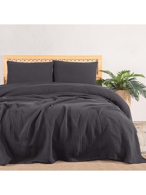 DMR Home Tekstıl Müslin Yatak Örtüsü Seti Çift Kişilik, Şık Düz Renk 100% Pamuk 4 Kat Muslin Yastık Kılıflı Pike Takımı, Denizli Üretimi (, Çift Kişilik Set (230X250 Cm))