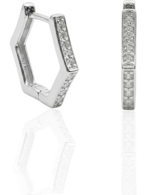 Oya Silver Ince Altıgen Form Zirkon Taşlı Gümüş Halka Küpe 1.4 x 1.4 cm [OYSY285]