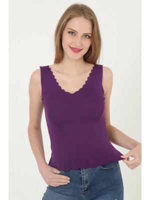 Marsilyan Kadın V Yaka Fırfır Detay Crop - Mor
