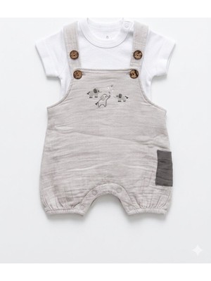 Bistyle Tulum 2li Salopet Müslin Star Elephant Gri-Beyaz