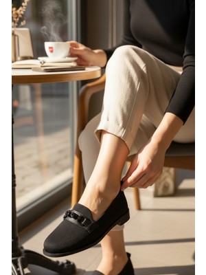 Enoch Kadın Ortopedik Tabanlı Zincir Detaylı Esnek Tekstil Loafer Ayakkabı