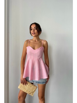 Infivento Çizgili Gofre Askılı Pens Detaylı Bluz - Pembe