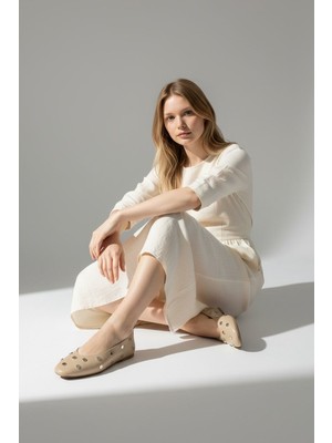 Hakiki Deri Kadın Bisküvi Babet | Zımbalı Şık Günlük Ayakkabı | Eschi