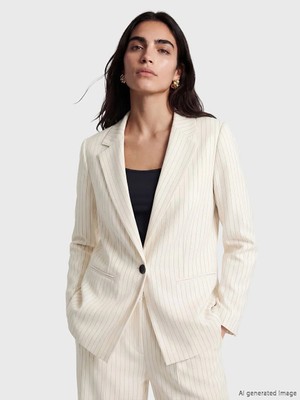 LC Waikiki Lcw Vision Bej Çizgili Keten Karışımlı Kadın Blazer Ceket