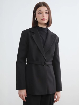 LC Waikiki Lcw Modest Siyah Beli Kemerli Kadın Blazer Ceket
