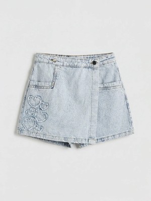 LC Waikiki Lcw Kids Mavi Kalp Nakışlı Kız Çocuk Denim Şort Etek