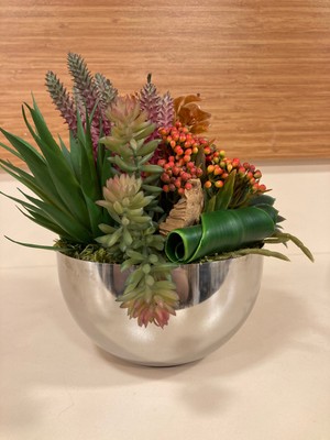 Plus Home Yapay Çiçek Skulent Pirinç Saksı Içi Arajman Gümüş Renk Oranje Yeşil Karma Boyut 21 cm Çevre Çap 48