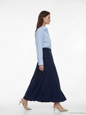 LC Waikiki Lcw Modest Lacivert Beli Fermuarlı Kloş Etek