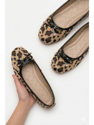 Albishoes Kadın Leopar Desenli Yumuşak Fiyonklu Şık Günlük Kadın Babet Anatomik Hafif Rahat Taban