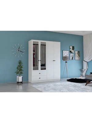 Vivense Novado Aynalı Gardırop, Düğme Kulplu, 4 Kapı 2 Çekmeceli