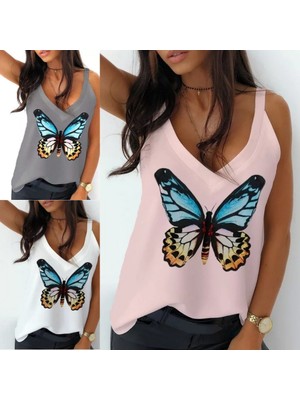 Infivento Kadın Kelebek Baskılı Sandy Kumaş Askılı Bluz