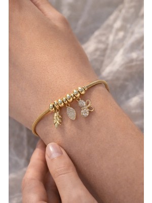 Sacce Scarves & Accessories Kelebek Yaprak Charm Detaylı Yılan Zincir Bileklik – 14K Rodyum Kaplama Xuping Zirkon Taşlı