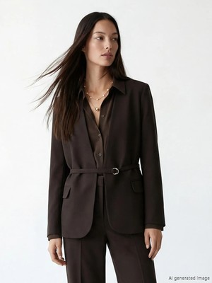 LC Waikiki Lcw Studıo Kahverengi Beli Kemerli Kadın Blazer Ceket