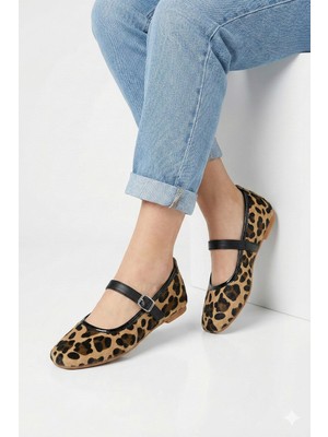 Albishoes Kadın Leopar Desenli Yumuşak Tokalı Şık Günlük Kadın Babet Anatomik Hafif Rahat Taban