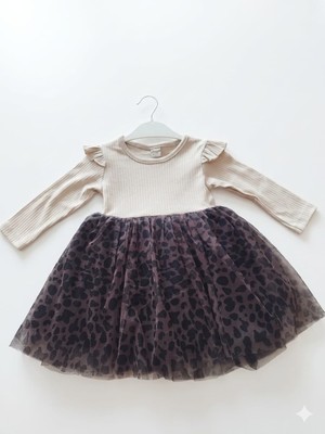 Lina Baby Bloomm Kız Çocuk Krem  Alt  Leopar Desenli Tütü Etekli Elbise Şık Tasarım