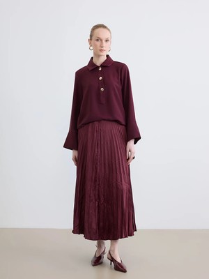 LC Waikiki Lcw Studıo Bordo Beli Lastikli Pileli Saten Etek