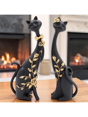 Elifeshop Lüks Siyah Altın Detaylı 2’li Kedi Biblo Seti 26 cm Reçine Dekoratif Heykel Ev Ofis Masa Üstü Hediye