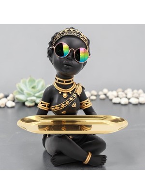 Elifeshop Afrikalı Kadın Biblo 28 cm Tepsili Anahtarlık Kase Siyah Altın Dekoratif Organizer Ev Ofis