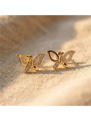 Zeino Kelebek Zirkon Taşlı Kalpli Çelik Küpe - 14K Altın Kaplama 1 cm