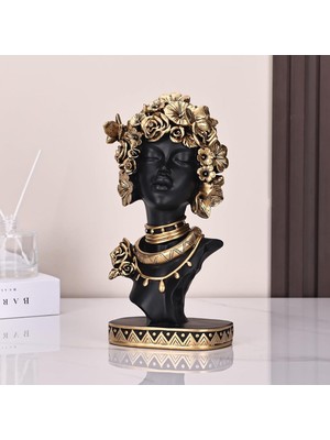 Elifeshop Afrikalı Kadın Heykeli – Siyah 27 cm | Dekoratif Kabile Kadın Büstü | Ofis, Kitaplık, Masaüstü Biblo