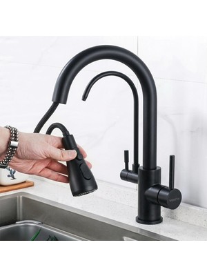 Venita Siyah 3 Yollu Spiralli Mutfak Bataryası Arıtmalı Çekilebilir Başlık 360° Döner Çift Fonksiyon