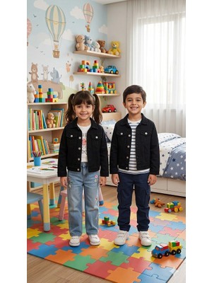 Yağmur Giyim Terry Siyah Unisex Çocuk Kot Ceket 4-6 Yaş 1412