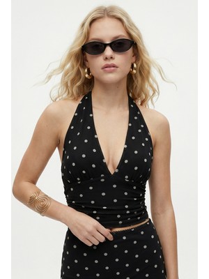 Ritnice Kadın Arisha Esnek Yan Büzgülü Puantiyeli Halter Yaka Siyah Örme Bluz