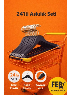 Febros Shop Askı Siyah Kaymaz 24 'lü Set Kalın Plastik Dolap Düzenleyici Dayanıklı Askı