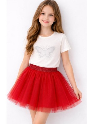 BeU Kids Kız Çocuk Tütü Etek Simli Lastikli Belli Pamuk Astarlı, 5-10 Yaş, Kırmızı