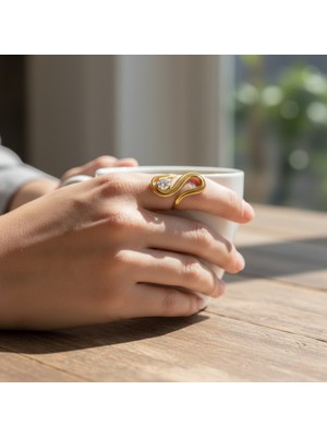 Lorivelle Kadın Damla Zirkon Taşlı Titanyum Çelik Yüzük | 14K Altın Kaplama Ayarlanabilir Sarmaşık Tasarım