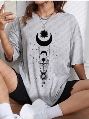 Punix Kids Özel Seri Gezegenler Baskılı %100 Pamuk Oversize Modern Battal Kadın T-Shirt
