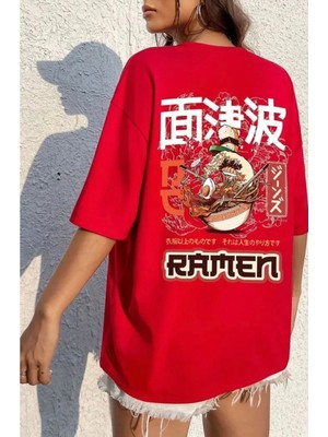 Punix Büyük Beden Özel Seri Ramen Sırt Baskılı %100 Pamuk Oversize Battal Kadın T-Shirt