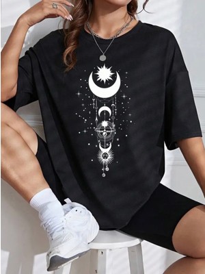 Punix Kids Özel Seri Gezegenler Baskılı %100 Pamuk Oversize Modern Battal Kadın T-Shirt