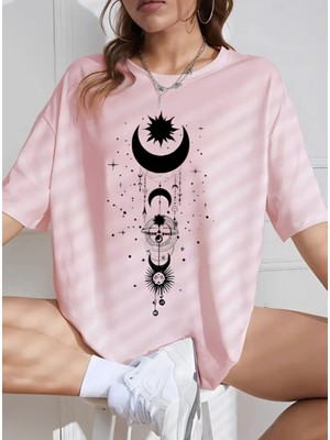 Punix Kids Özel Seri Gezegenler Baskılı %100 Pamuk Oversize Modern Battal Kadın T-Shirt