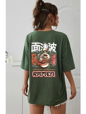 Punix Büyük Beden Özel Seri Ramen Sırt Baskılı %100 Pamuk Oversize Battal Kadın T-Shirt