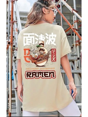Punix Büyük Beden Özel Seri Ramen Sırt Baskılı %100 Pamuk Oversize Battal Kadın T-Shirt