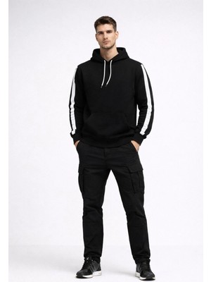 Marsilyan Erkek Şeritli Kapüşonlu Sweatshirt Oversize 3 Iplik Pamuklu Hoodie - Siyah