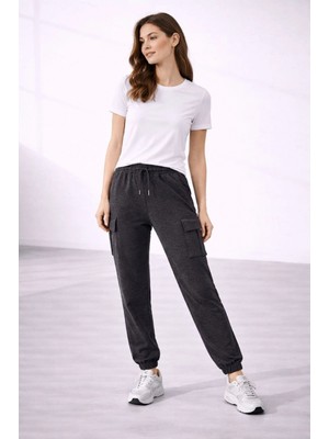 Marsilyan Kadın Jogger Eşofman Altı Kargo Cepli Lastikli Paça Spor Pantolon - Füme