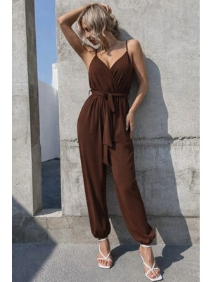 Marsilyan- Kadın Ip Askılı Kruvaze Yakalı Belden Kuşaklı Uzun Sandy Tulum