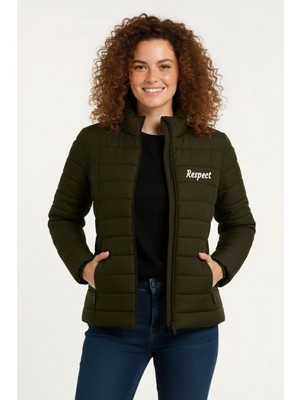 Marsilyan Kadın Mikro Su Itici Kapitone Baskılı Astarlı Fermuarlı Bomber Mont - Haki