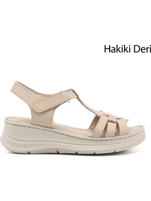 Gönderi(r) Kadın Bej  Cırt Bantlı Dolgu Topuk Hakiki Deri Sandalet