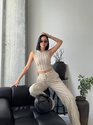 Mabel Giyim Fır Fır Dokulu Crop Pantolon Takım