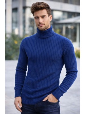 Marsilyan Balıkcı Yaka Bağazlı Triko Kazak Pamuklu Kalın Fitilli Dokuma, Regular Fit Uzun Kollu Kışlık Model - Indigo