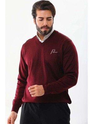 Marsilyan Baskılı V Yaka Uzun Kol Dokuma Triko - Bordo