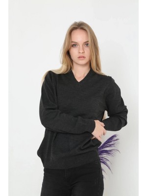 Marsilyan Uzun Kol V Yaka Triko Kazak - Füme