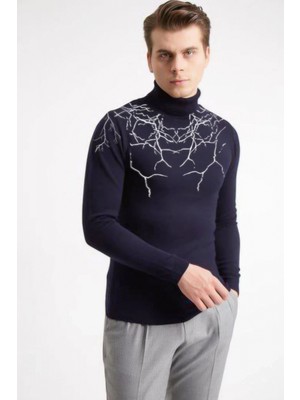 Marsilyan Baskılı Tam Boğazlı Uzun Kol Dokuma Triko - Lacivert