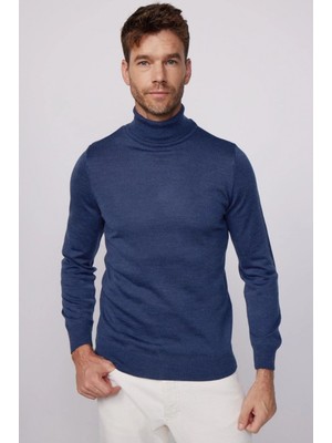 Marsilyan Tam Boğazlı Balıkçı Yaka Dokuma Triko - Indigo