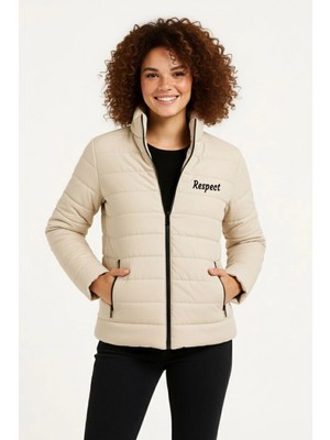 Marsilyan Kadın Mikro Su Itici Kapitone Baskılı Astarlı Fermuarlı Bomber Mont - Bej